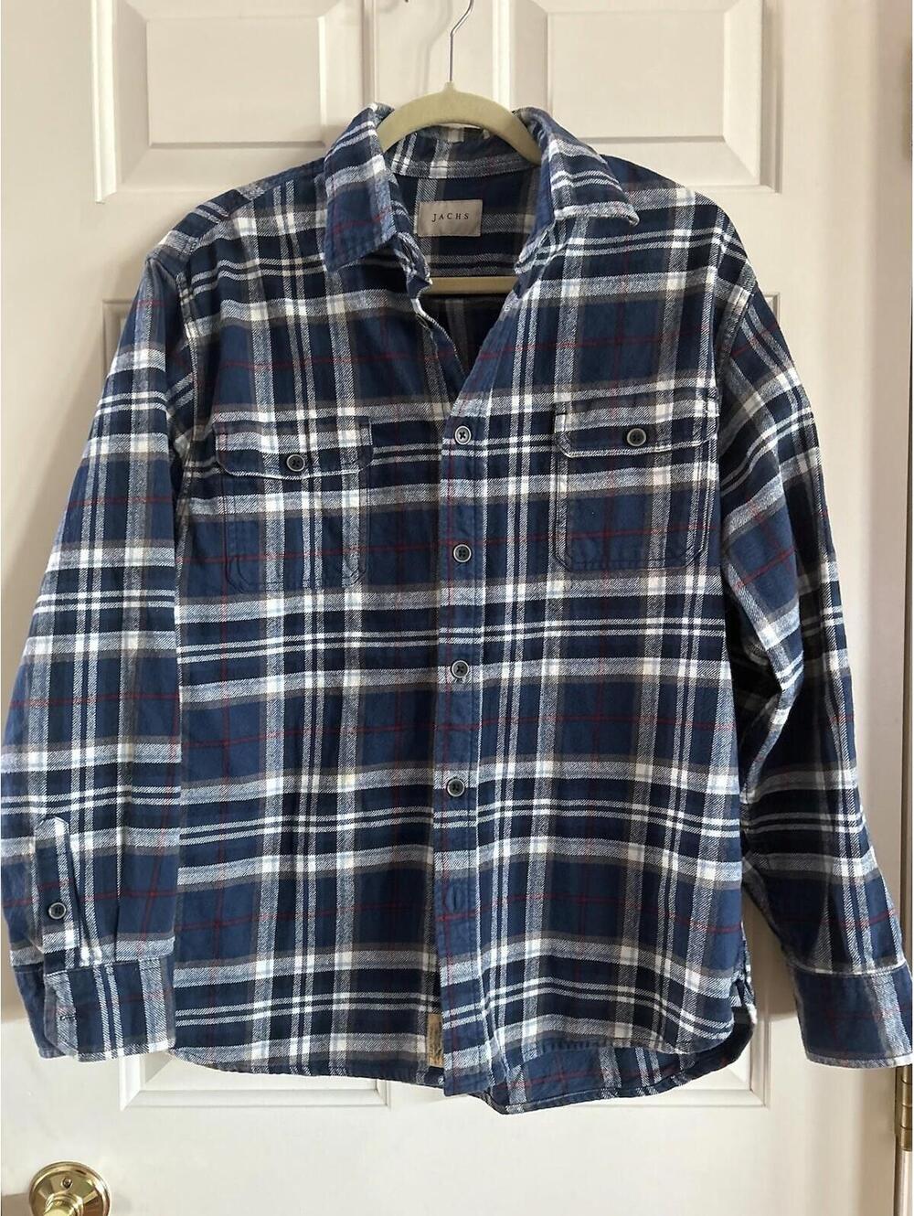 Jachs Brawny Flannel Shirt Mens Large Blue Red White Long Sleeve Button Down